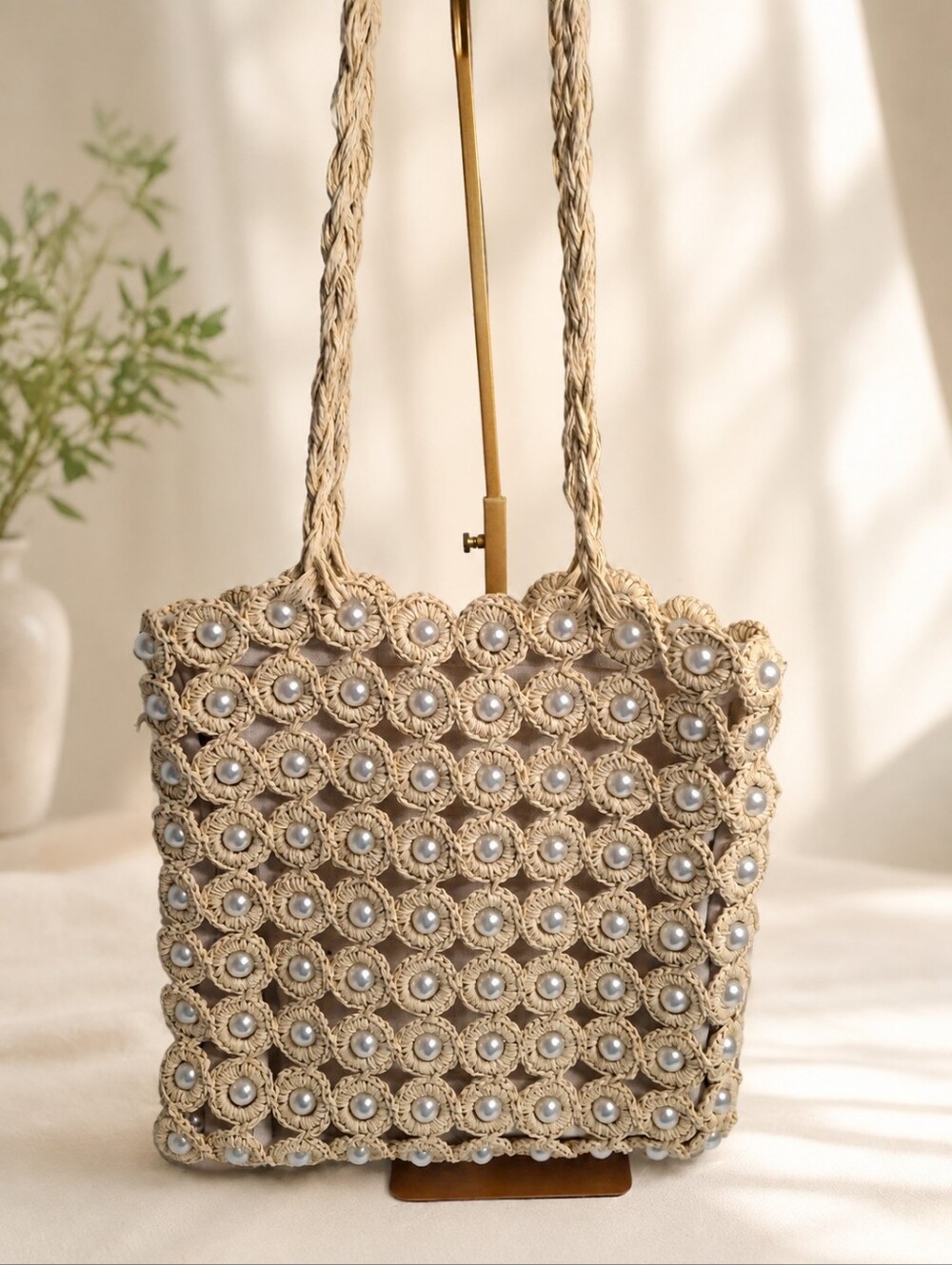 Haute Hippie Raffia & Pearl Woven Tote Shoulder Bag NWOT